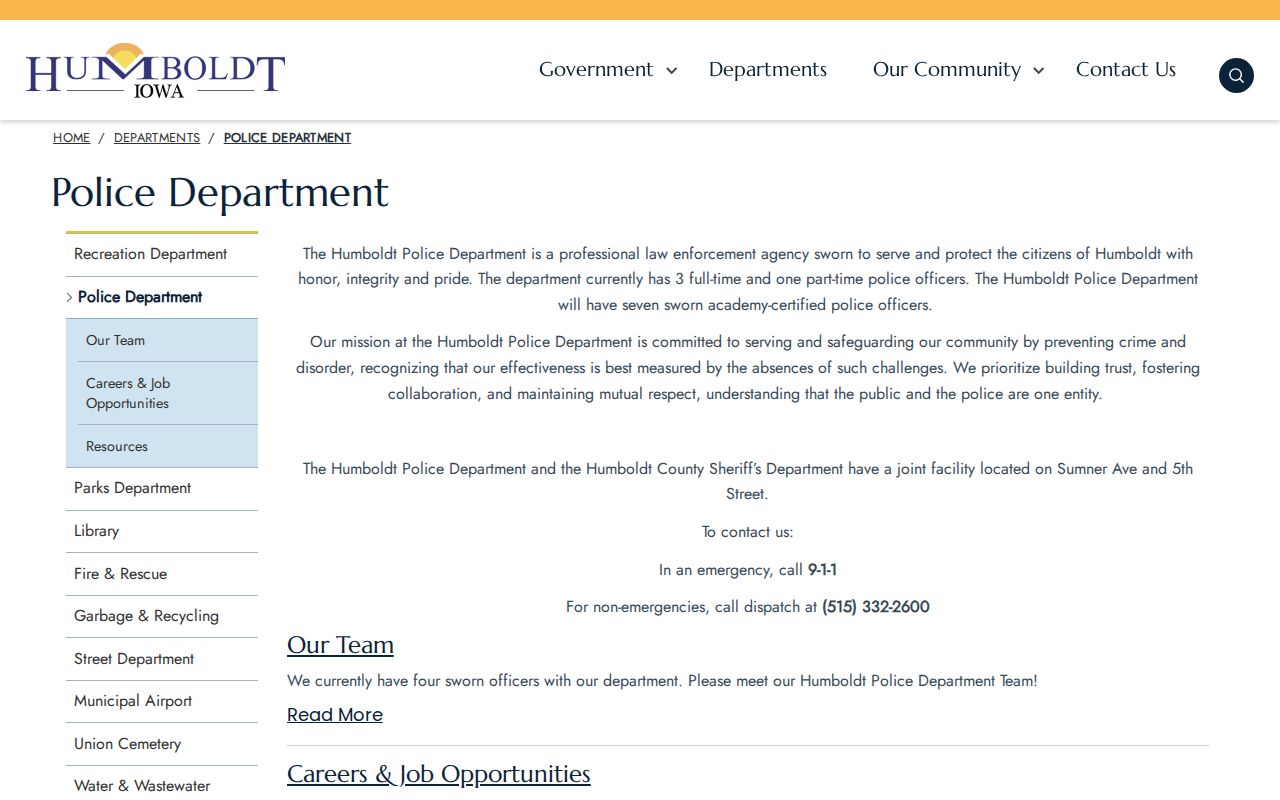 City of Humboldt Police Department contacts and law enforcement center description