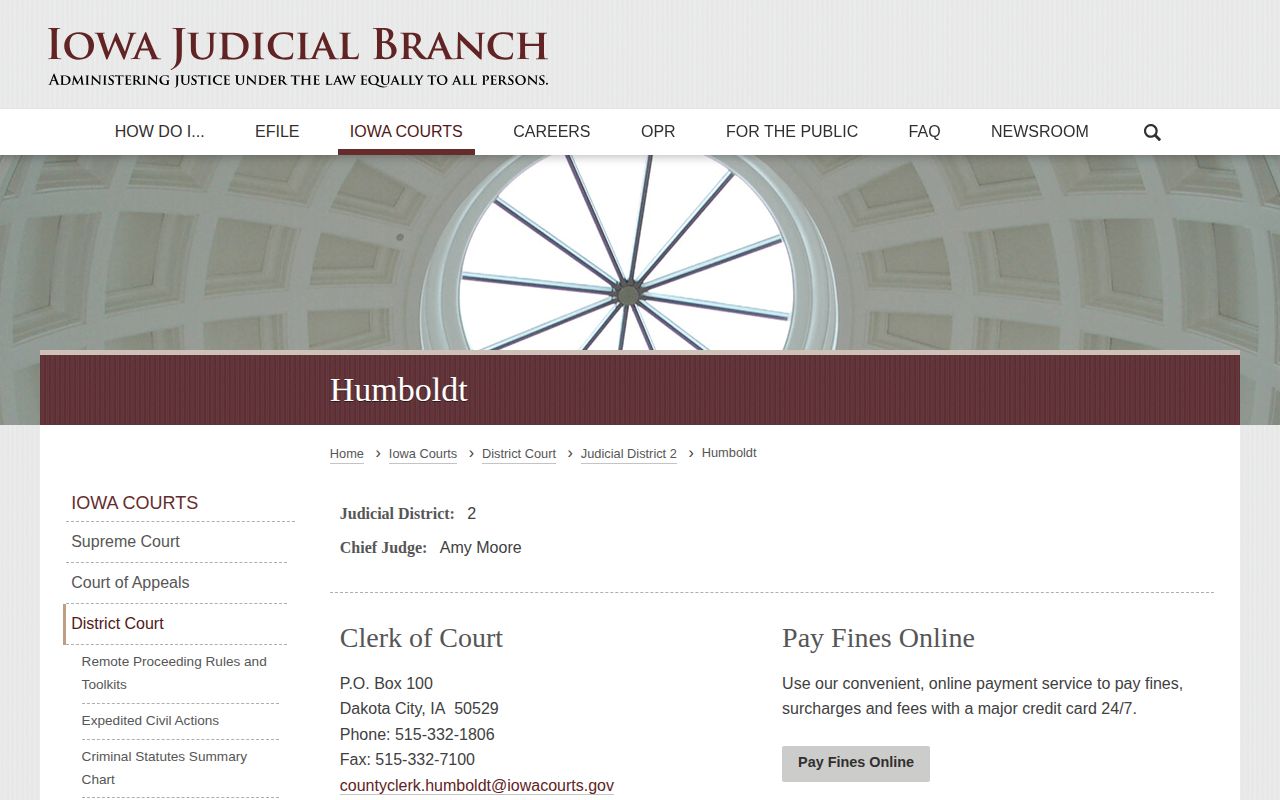 Iowa Judicial Branch Humboldt County Clerk contact and courthouse information