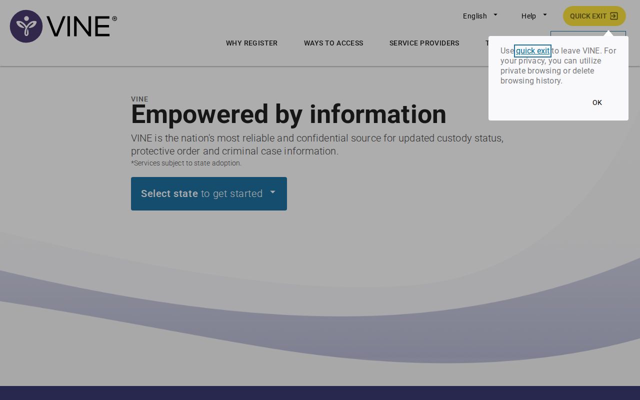 VINELink state selection and custody alert registration interface