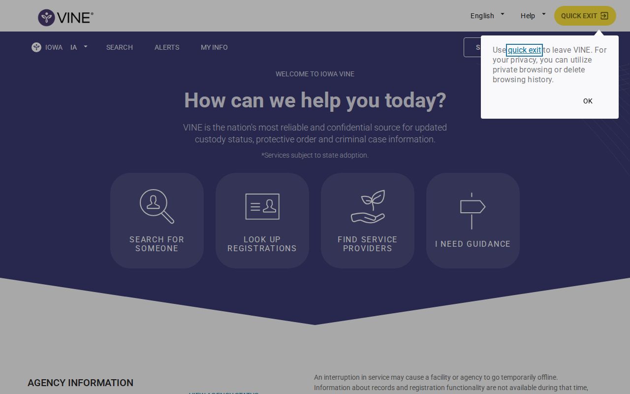VINELink Iowa search screen for custody checks