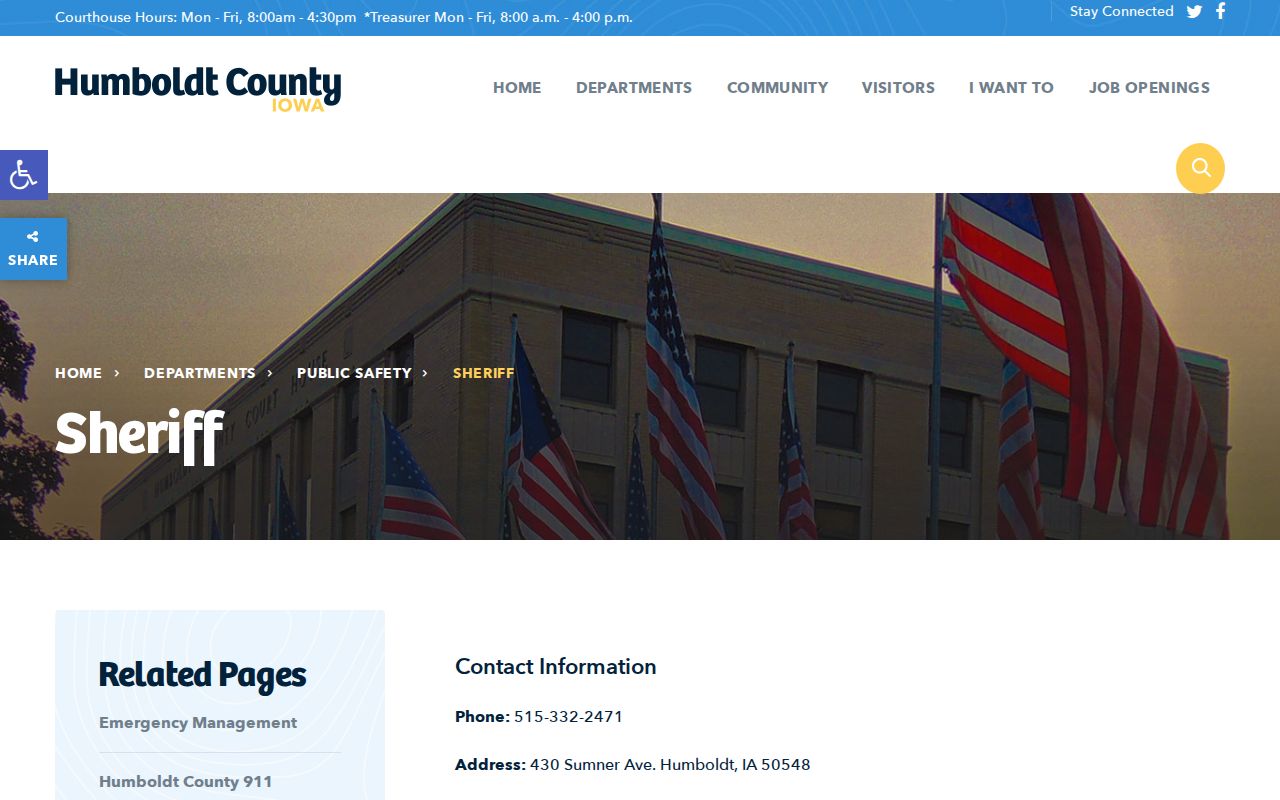 Humboldt County Sheriff contact page showing the office address and telephone number
