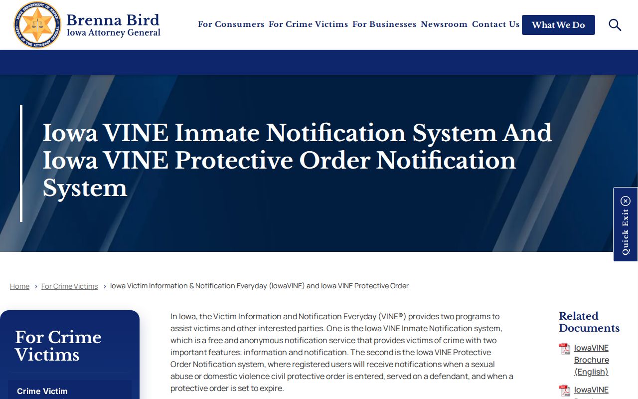 Iowa Attorney General IowaVINE program and telephone information