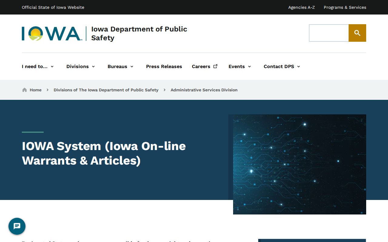 Iowa DPS page describing the agency-only IOWA warrant network